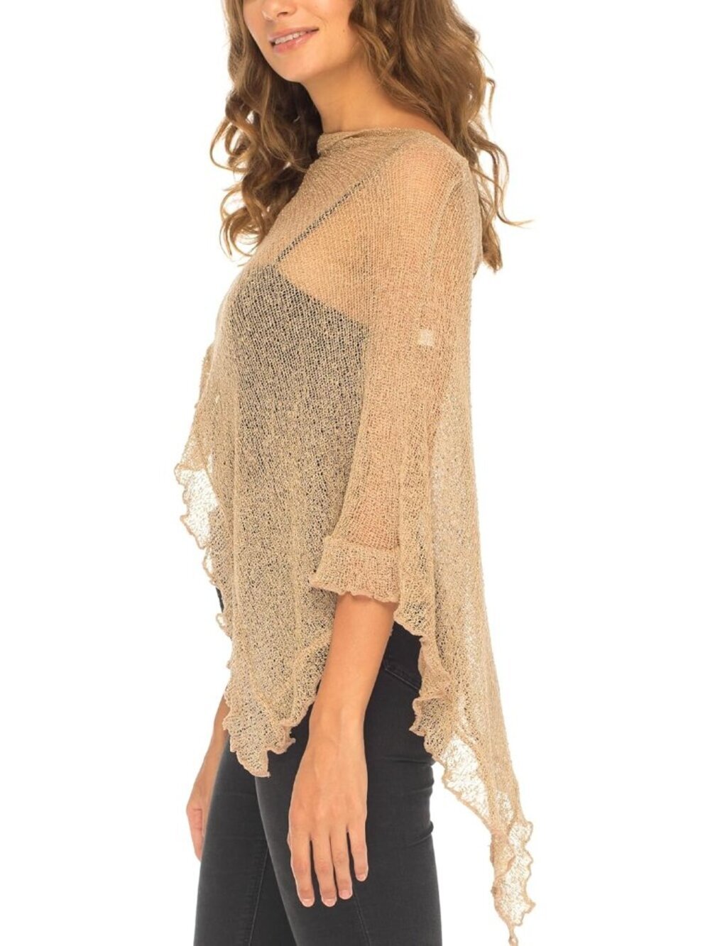 〽️Women’s Tan Sheer Knit Poncho Shrug Lightweight Asymmetrical Ruffle Wraps